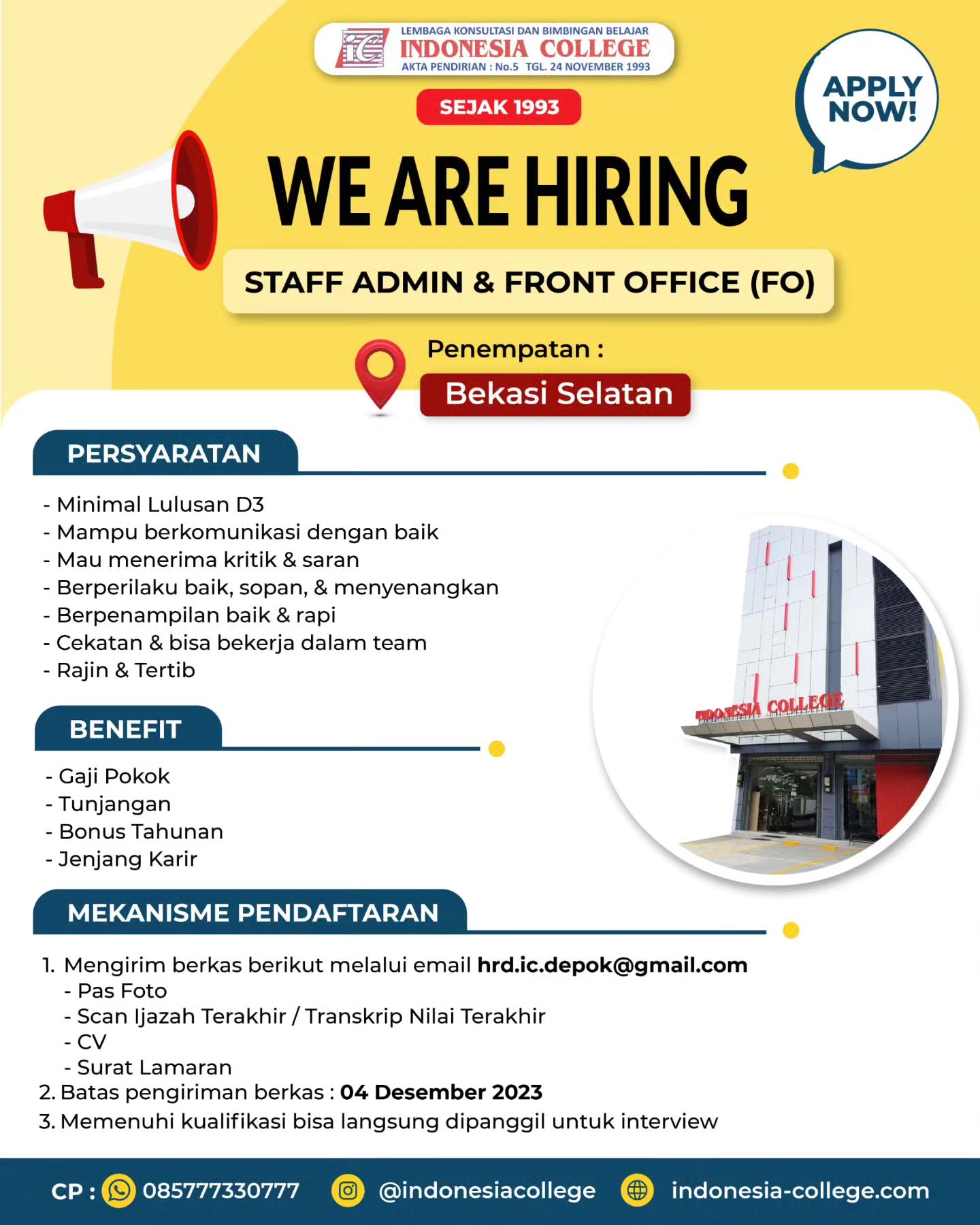 Indonesia College – Staff Admin  Front Office (FO) – Bekasi Selatan