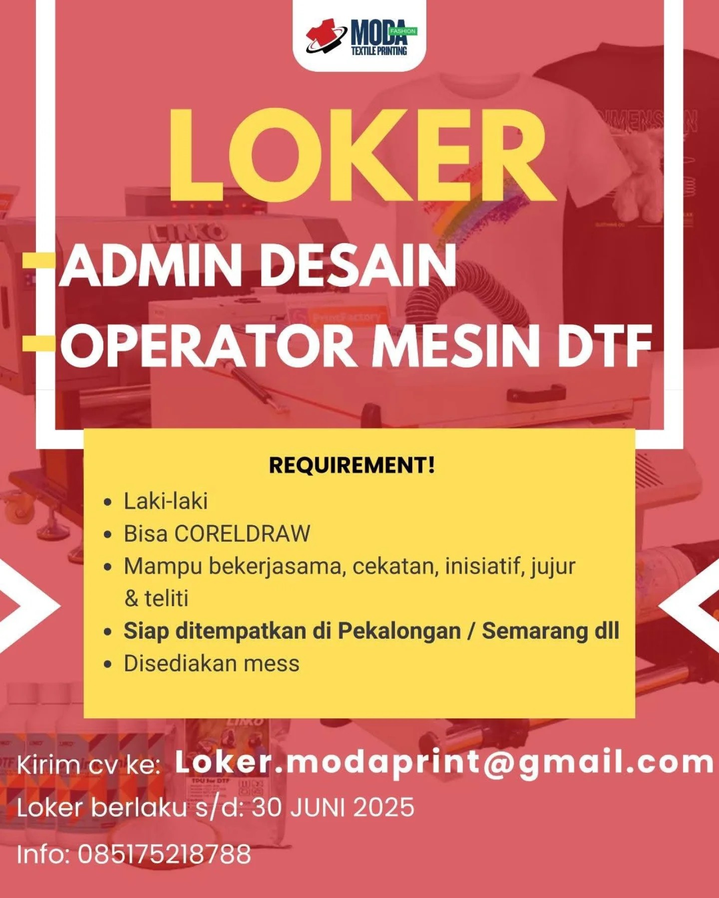 LOKER ADMIN DESAIN & OPERATOR MESIN DTF